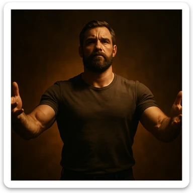 hyper realistic 4K cinematic image of a man radiating strength and protection, open arms, confident posture, dramatic and warm lighting sticker