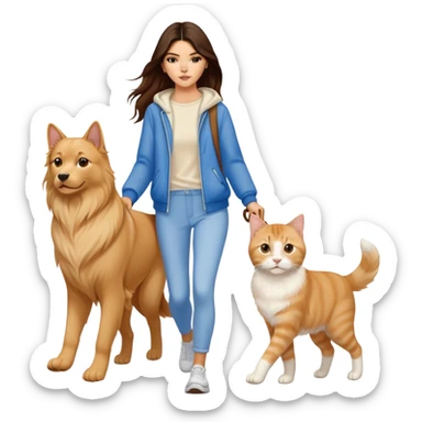 Kendall Jenner with long brown hair walking a golden retriever dog and three cats, two cream colored cats and one white and blue cat sticker