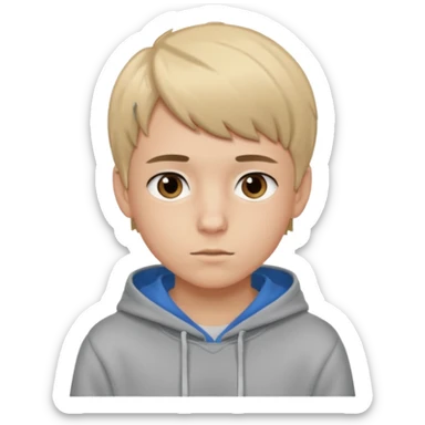 Teen boy with blue eyes mixed with a little Brown eyes and a Grey hoodie who stands up with blond short hair and short bangs sticker