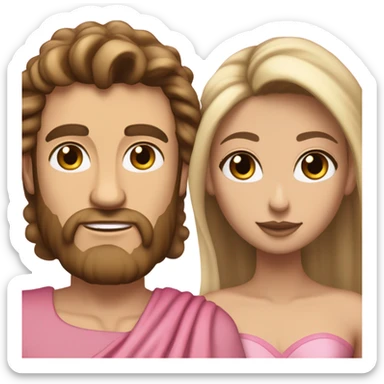 A handsome pale Greek god man who has long brown hair and tanned skin with a pretty black skinny tall model woman who has long voluminous brown & blonde highlights hair  and she is wearing a pink dress and they are a couple sticker