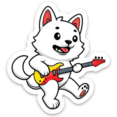 dog playing electric guitar, energetic pose sticker