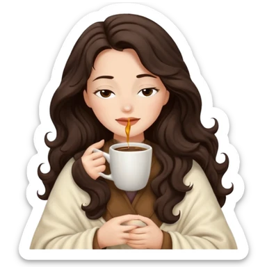 Pretty lady with a long wavy dark brown hair inside a cream blanket sipping coffee eyes closed sticker