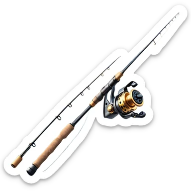 Cinematic Realistic Fishing Rod, sleek graphite rod with a smooth, polished reel, thin line disappearing into a shimmering lake, warm golden sunlight reflecting off the water, glowing with a tranquil and adventurous aura. sticker