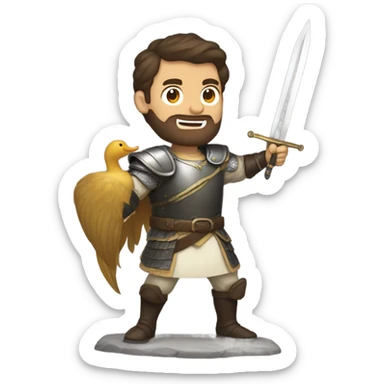 Confident armored White Man with dark brown hair and a short beard pointing forward with one arm holding a sword and yelling a battle charge while riding on the back of a giant duck sticker