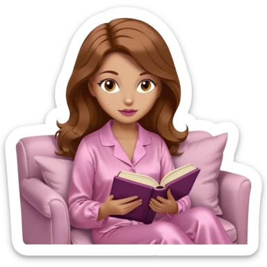 Woman with light tanned skin reading a book on Beige sofa. Long wavy medium brown hair. Beige ivory colour background. Very pale pink silk pyjamas. Realistic. Foxeye with long lashes. Pinky mauve lips. sticker