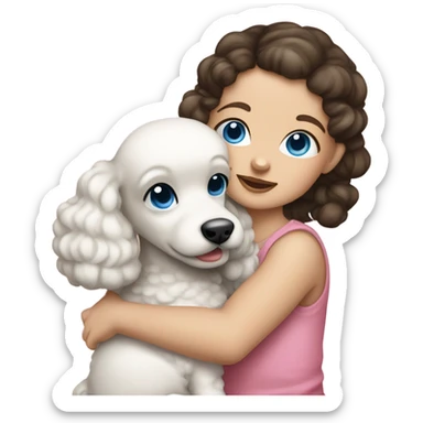 Brunette baby girl with blue eyes, wearing pigtails hugging a baby poodle sticker
