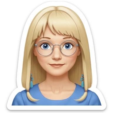 50 yr old white woman, hippie parted very long hair, short bangs, very long straight blond hair, oval face, small smile, blue eyes, thin face, hair downback, hair parted at center of head, round cheeks, pale, longer hair, business dress, long hair, big square glasses, long hair sticker