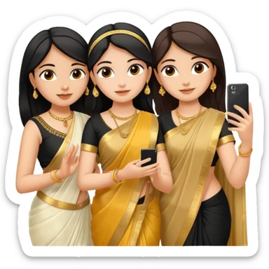 Three girls taking selfie one is wearing white saree second is wearing golden saree and the third is wearing black saree sticker