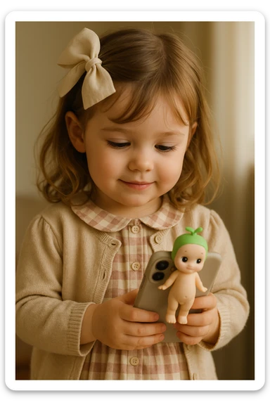 realistic image of a sweet girl with a bow, adorable outfit, and a phone with a Sonny Angel attached to it sticker