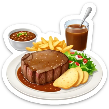 big juicy australian steak meal featuring chips, small salad in a ramikan and gravy in a small bowl on the plate sticker