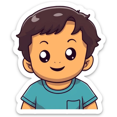 close-up of round smiling toddler boy face only with big eyes, medium skin tone, dark wavy hair, no neck visible, just the face sticker