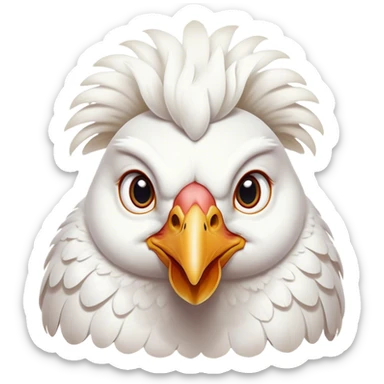 Cinematic Noble White Chicken Portrait Emoji, Poised and regal, with a compact, sturdy build and a pristine, well-groomed pure white plumage, deep-set soulful beady eyes, Simplified yet sharp and sophisticated features, highly detailed, glowing with a soft, dignified glow, high shine, intelligent and alert, stylized with an air of barnyard elegance, focused and attentive, soft glowing outline, capturing the essence of a watchful and confident fowl, so majestic it feels as though it could strut out of the screen with effortless authority! sticker