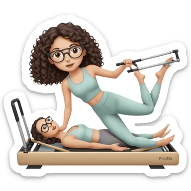 Memoji-style girl with long dark brown curly hair, round glasses, large brown eyes, soft rounded face,makeup, warm beige skin tone, wearing Pilates activewear performing Pilates and reformer Pilates exercises on a reformer machine, pastel color palette, smooth soft shading sticker