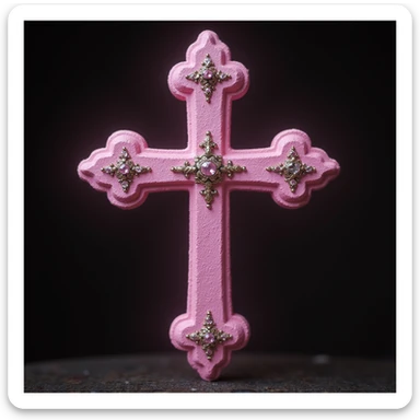 realistic gothic cross, pink with a jeweled crown, photorealistic style sticker
