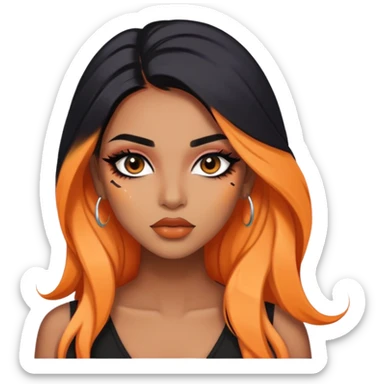 indian girl, brown skin, long black hair, light orange underneath colored hair, baddie,pretty, makeup, lipliner, black eyeliner, sticker