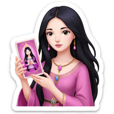 long black hair girl with pink tarot cards sticker