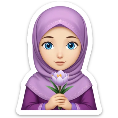 Turkish beautiful finish Konya girl blue eyes with crocus hijab and islamic dress and hold crocus flower on hand  sticker