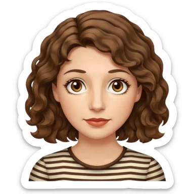 caucasian woman, 40s, chin-length wavy/curly/unruly brown-ish, few white stripes hair, hazel eyes sticker