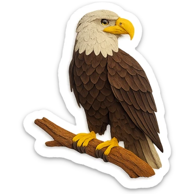 very detailed bald eagle perched on a tree branch, intricate cut paper textures, white head, yellow beak, dark brown body, realistic markings sticker