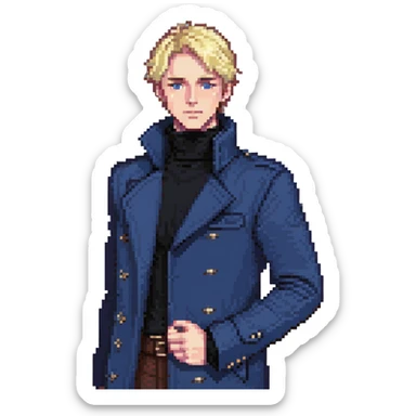 Flat pixel art, bold and charismatic male leader, Caucasian, short neat blonde hair, sharp eyes, indigo coat over black turtleneck, one arm raised pointing out, waist-up, front-facing sticker