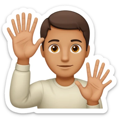 A guy with his left hand higher right lower left hand with a 6 on it right with a 7 sticker