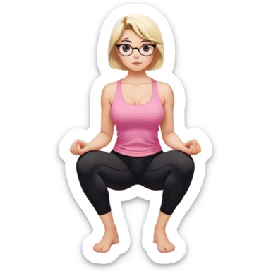 View from knees up, view from quarter angle, fair skinned woman, thick milf, short blond hair, small reading glasses, squatting down in kitchen, pink loose tank top, showing natural B cup breast shape SFW, black yoga pants, large curvy booty sticker