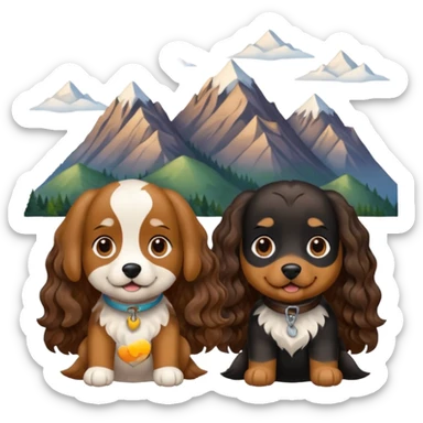 two dogs with wavy hair, one black and brown, one shades of brown with mountains sticker