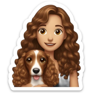 Young lady long curly brown hair smiling and brown eyes with long eyelashes and holding a dachshund  in her arms sticker