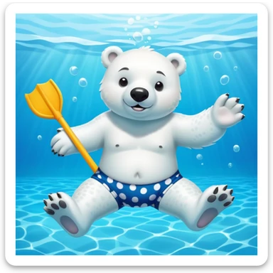 friendly anthropomorphised polar bear swimming in a wide pool scene, wearing polka dot swim trunks and snorkel gear sticker