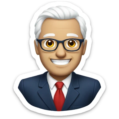 A heavy man, white hair, with glasses, no beard, smiling with teeth, and wearing a navy blue suit and red tie sticker
