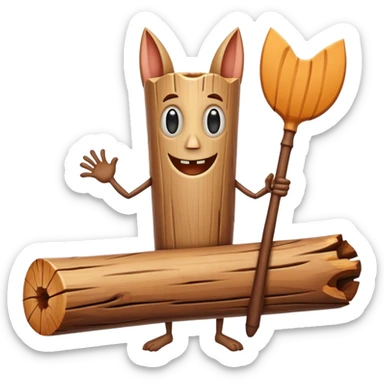 The character is an anthropomorphic wooden log with a cartoonish face, human arms and legs, and a long wooden bat, giving it a surreal, humorous appearance. sticker