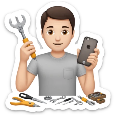 make a white guy with dark brown hair, with a simple white o grey shirt, repairing an iphone happy, tecnician with small tools sticker