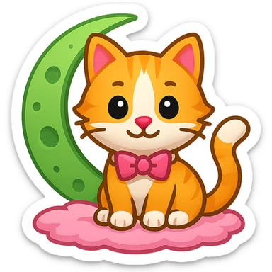 Change the moon to green, keep the cat with pink bow, in emoji style with no background. sticker