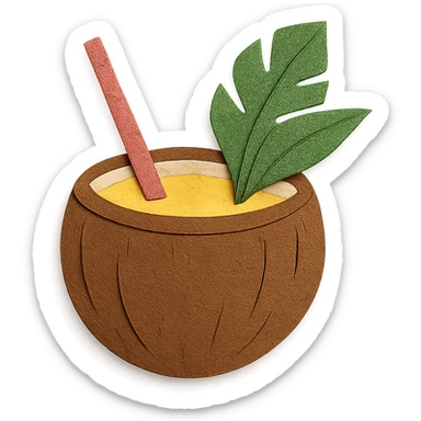 pina colada in a coconut shell with a straw and tropical leaves in paper-craft style sticker