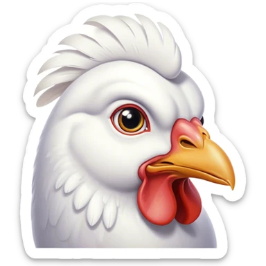 Cinematic Noble White Chicken Portrait Emoji, Poised and regal, with a compact, sturdy build and a pristine, well-groomed pure white plumage, deep-set soulful beady eyes, Simplified yet sharp and sophisticated features, highly detailed, glowing with a soft, dignified glow, high shine, intelligent and alert, stylized with an air of barnyard elegance, focused and attentive, soft glowing outline, capturing the essence of a watchful and confident fowl, so majestic it feels as though it could strut out of the screen with effortless authority! sticker