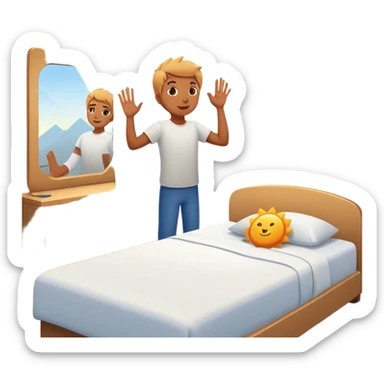 A person stands beside their bed, rolling out groggily with determination. The bed behind them is neatly made, a mirror in front of them shows them high-fiving their reflection. A glowing sunrise outside signals the start of a productive day. sticker