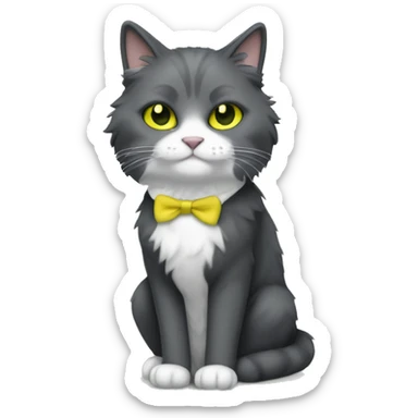 full body fluffy cat dark grey and white tuxedo pattern fur with greenish yellow eyes sticker