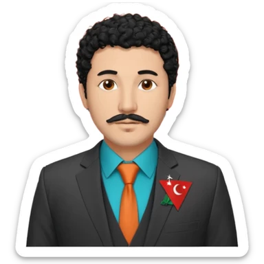 Black curly hair, messy and thrown forward, brown eyes, a goatee, thin mustache, wearing a suit. On the suit, there is a small Turkish flag detail on the chest, and on the other side of the chest, it says 'BST' — with 'B' in orange, 'S' in turquoise, and 'T' in navy blue. sticker