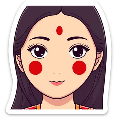 White girl with long oval shaped face, large almond shaped eyes with long eyelashes, long straight black hair falling in front of her bare shoulders, face closeup, with red and white gopi dots decorating her forehead above eyebrows sticker