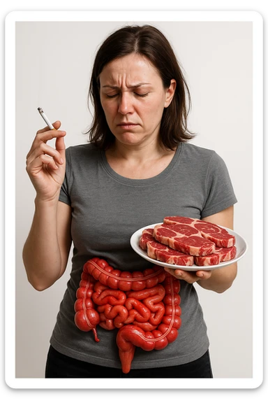 UNA DONNA REALISTICA CON UNA SIGARETTA IN MANO E UN PIATTO PIENO DI CARNE SIMMENTAL NELL'ALTRA MANO, INTESTINO ANATOMICO INFIAMMATO VISIBILE, MAL DI PANCIA, ISOLATA SU SFONDO BIANCO, IPERREALISTICA 4K sticker