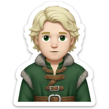 Medieval winter outfit worn by a DnD themed fantasy male character. Double-layered forest green wool tunic with bear fur lining, decorated with pewter toggle closures and a thick woven belt. Clothes only above the waist, full waist coverage. The character has no arms. Character is white-skinned with pale blonde hair, steel gray eyes, and medium-length wavy hair with frost-tipped ends sticker