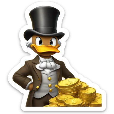 a slim successful looking scrooge mcduck standing atop a pile of money sticker