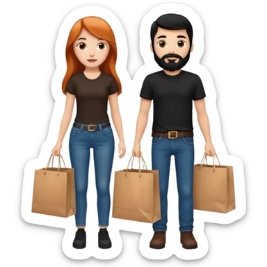 Chica blanca con cabello cobrizo largo y chico con cabello y barba negra los dos de contextura media los dos vestidos de jeans y camiseta negra con bolsas de compras  sticker