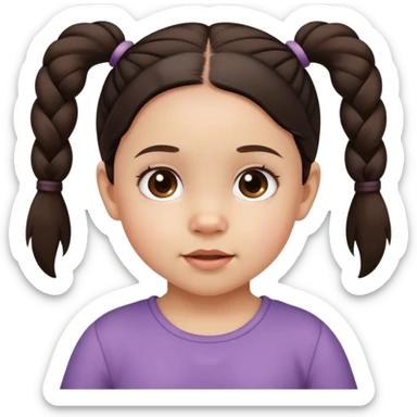 A girl toddler with dark brown pigtails and cute face sticker