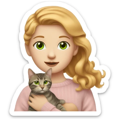 strawberry blonde girl with green eyes wearing a pale pink sweater holding a brown and gray tabby cat with yellow eyes sticker