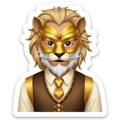 a old man, with a vest,  wear half-face golden Lion masquerade mask sticker
