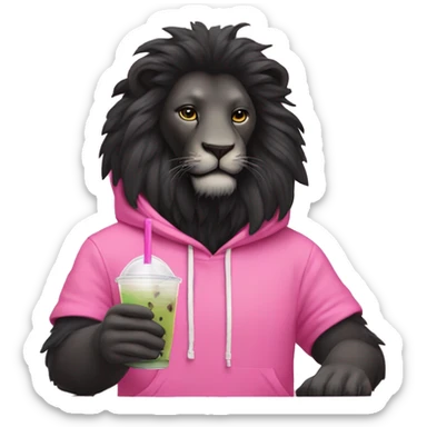 Black Lion drinking boba tea wearing a pink hoodie sticker