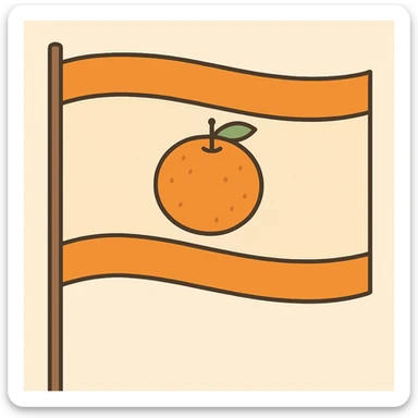 Reduce the size of the mandarin, remove any human elements, make the background white, and keep the flag style with orange stripes at the top and bottom. Maintain the overall composition and style as in the original image. sticker