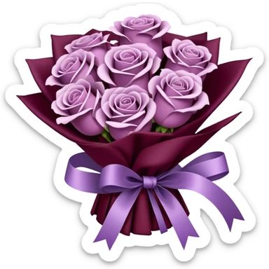 Bouquet of pale purple roses in a burgundy package sticker