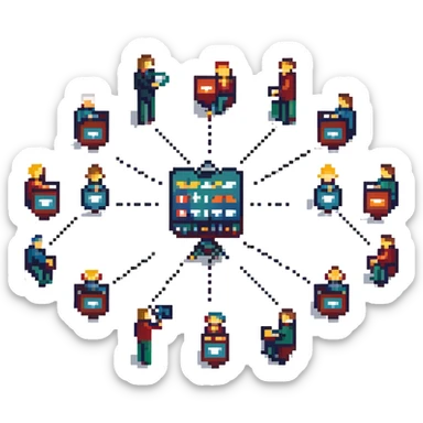 pixel art style illustration of a professional filmmaking network showing multiple cinema professionals (director, cameraman, sound engineer, editor, etc.) connected by lines or connection symbols, collaborative atmosphere, figurative style, large image sticker